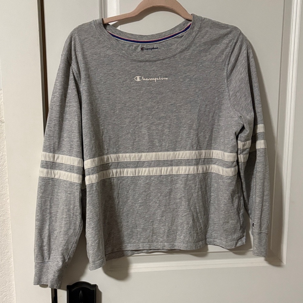 Champion Heather Gray Long Sleeve with White Stripes